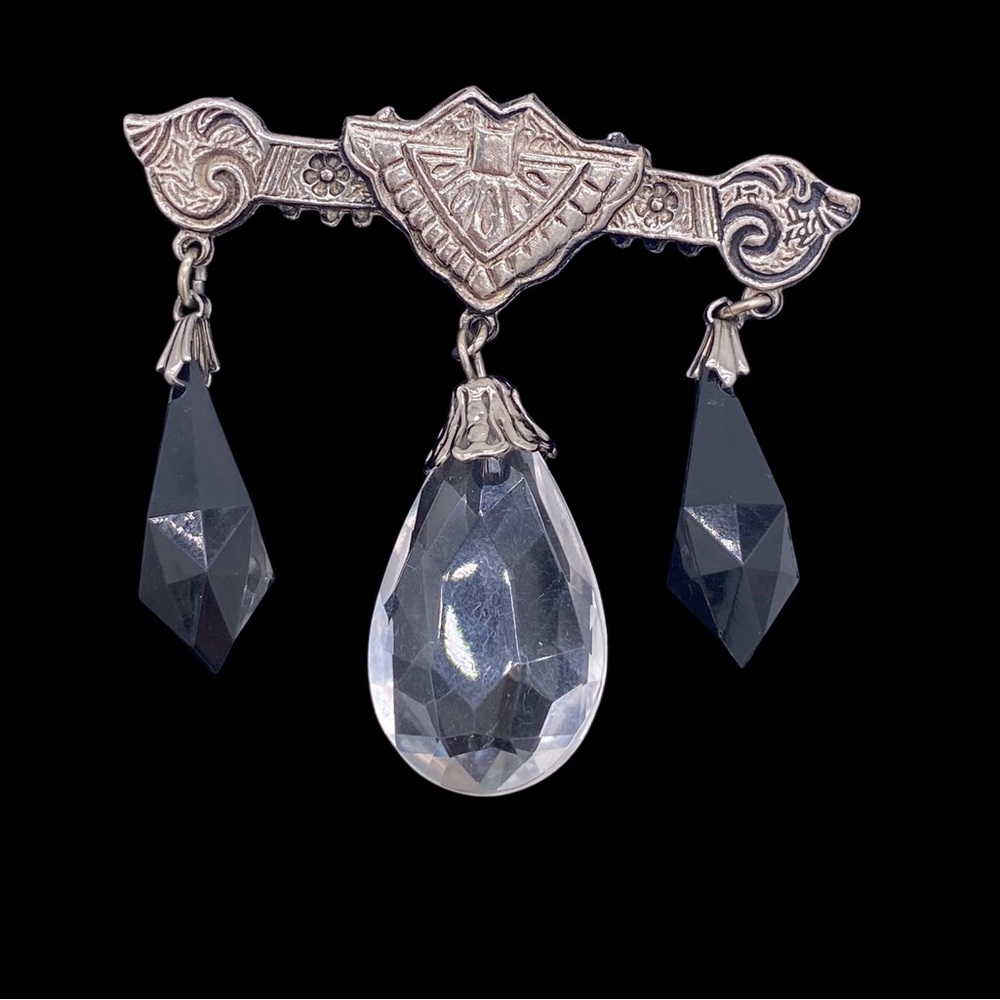 Vintage Baroque Bar Brooch Lucite Drops - Monochrome - Silver-Tone - Victorian
